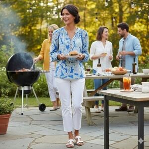 Lilly Pulitzer Eksa Blue & Pink Tropical Print Silk Blouse Size Medium